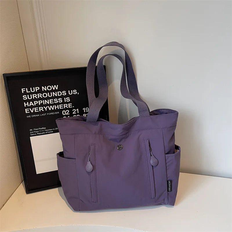 Large Canvas Tote Bag – Korean Style Multi-Pocket Shoulder Bag