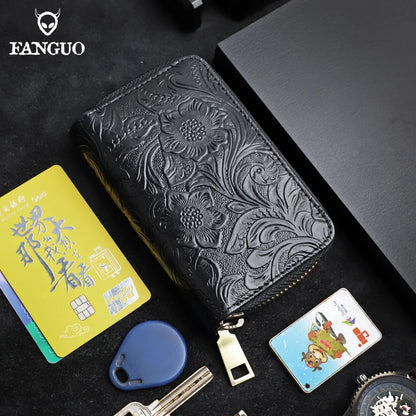 Genuine Leather Key Wallet – Floral Embossed Zipper Pouch with Card & Coin Slots