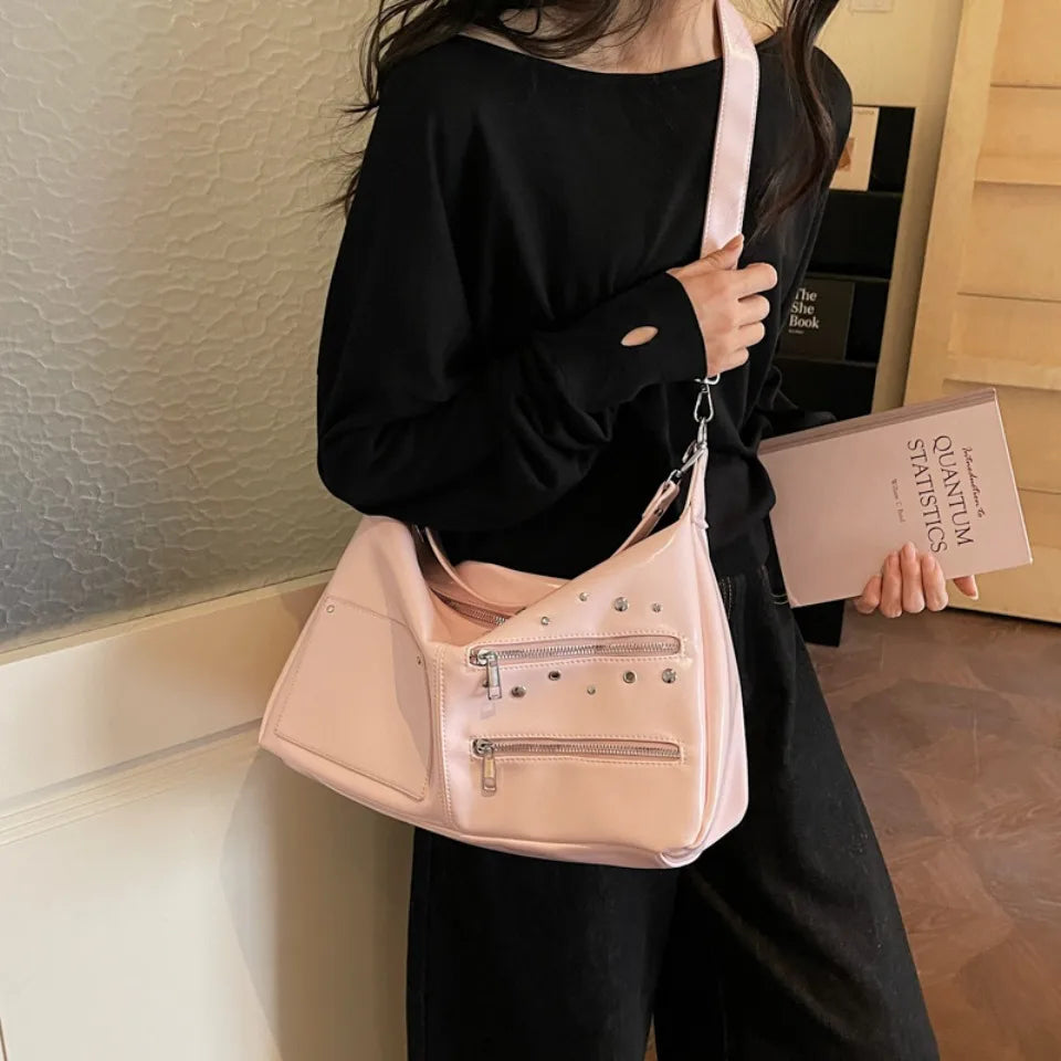 Large Capacity Shoulder Bag – Casual Crossbody Tote with Studded Detail