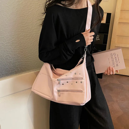 Large Capacity Shoulder Bag – Casual Crossbody Tote with Studded Detail