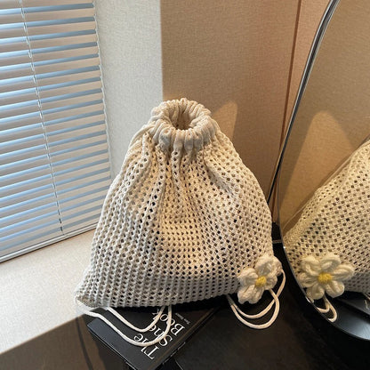 Crochet Drawstring Backpack for Women – Hollow Knit Flower Bag