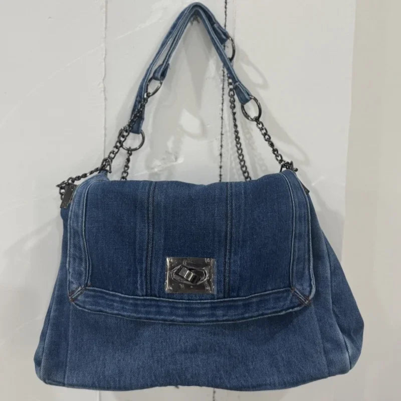 Denim Chain Shoulder Bag for Women – Large Capacity Retro Hobo
