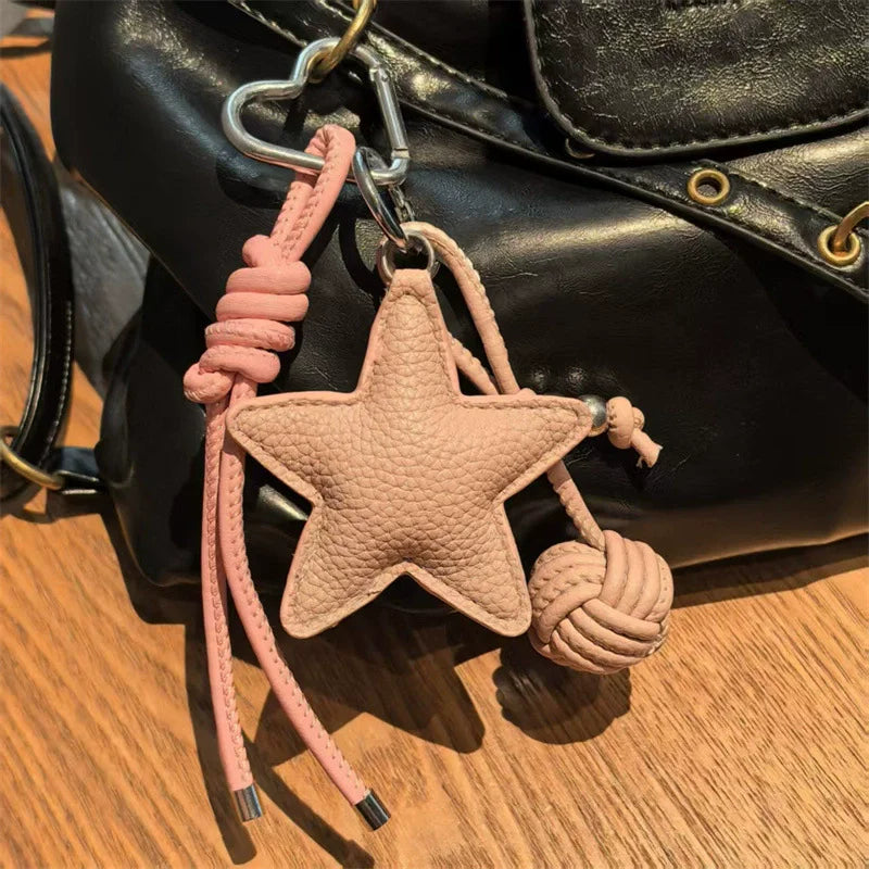 Star Leather Keychain Bag Charm with Woven Ball