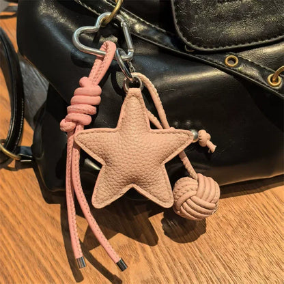 Star Leather Keychain Bag Charm with Woven Ball