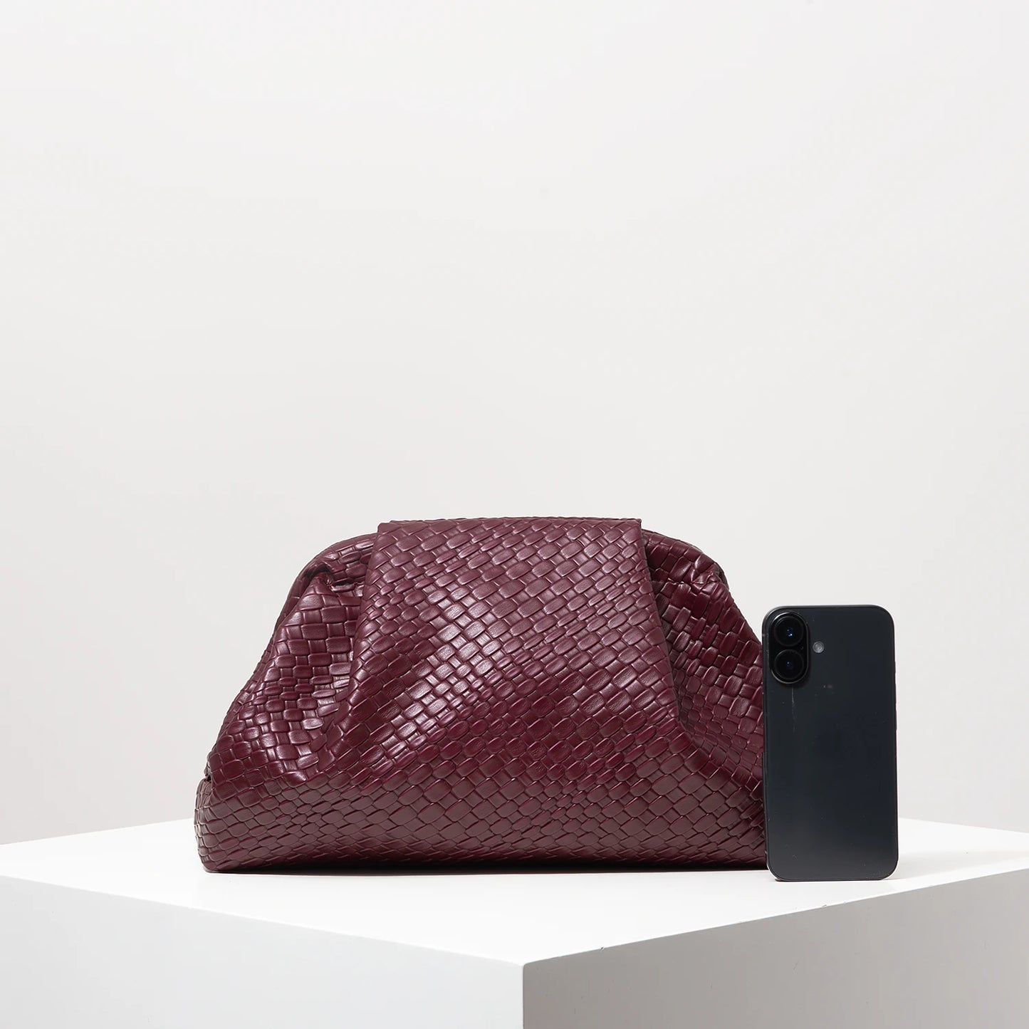 Vintage Artificial Leather Woven Pattern Clutch Bag Burgundy Formal Dresses Women Large Capacity