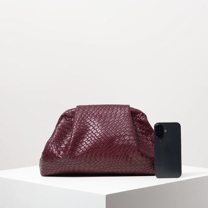 Vintage Artificial Leather Woven Pattern Clutch Bag Burgundy Formal Dresses Women Large Capacity