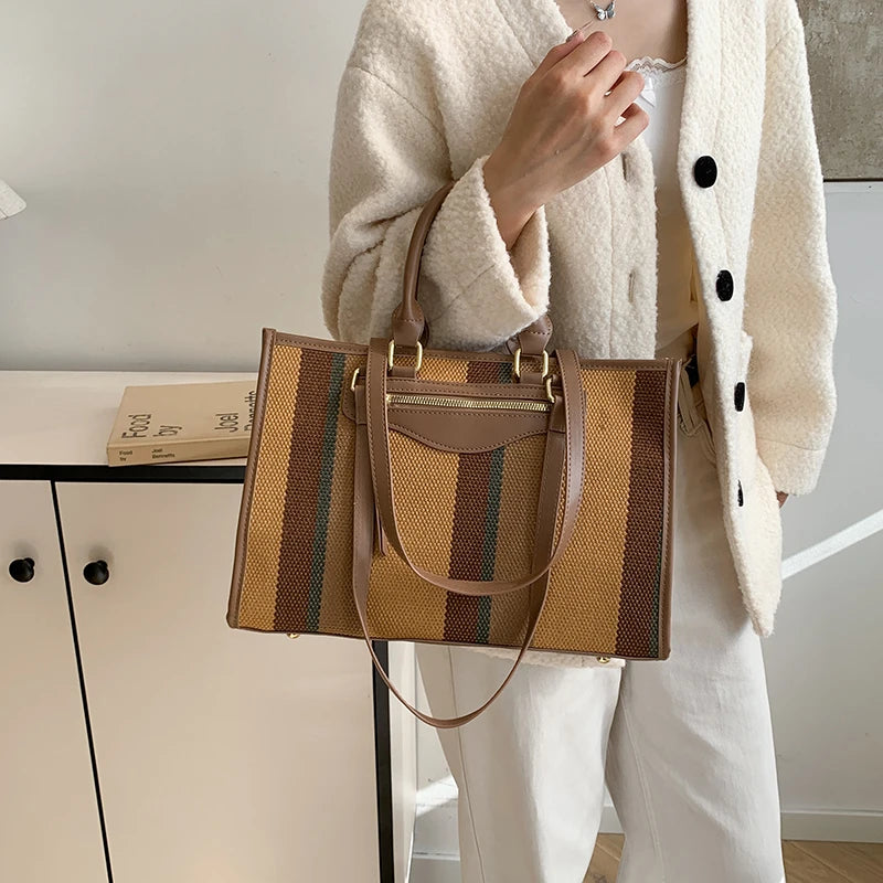 Moods Classic Striped Shoulder Tote Bags Women Large Capacity Shopping Top-Handle Bag Luxury