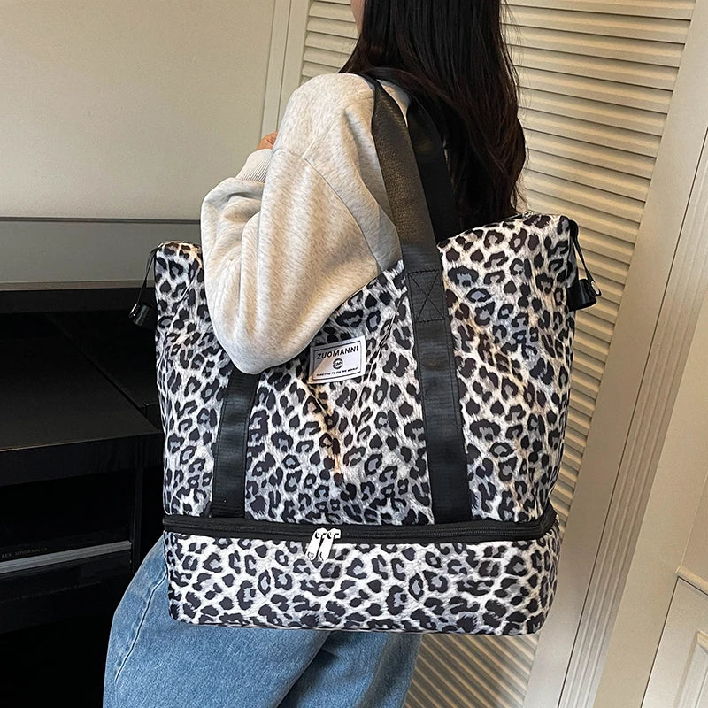 Leopard Print Travel Tote Bag with Bottom Compartment