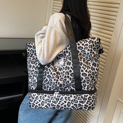 Leopard Print Travel Tote Bag with Bottom Compartment