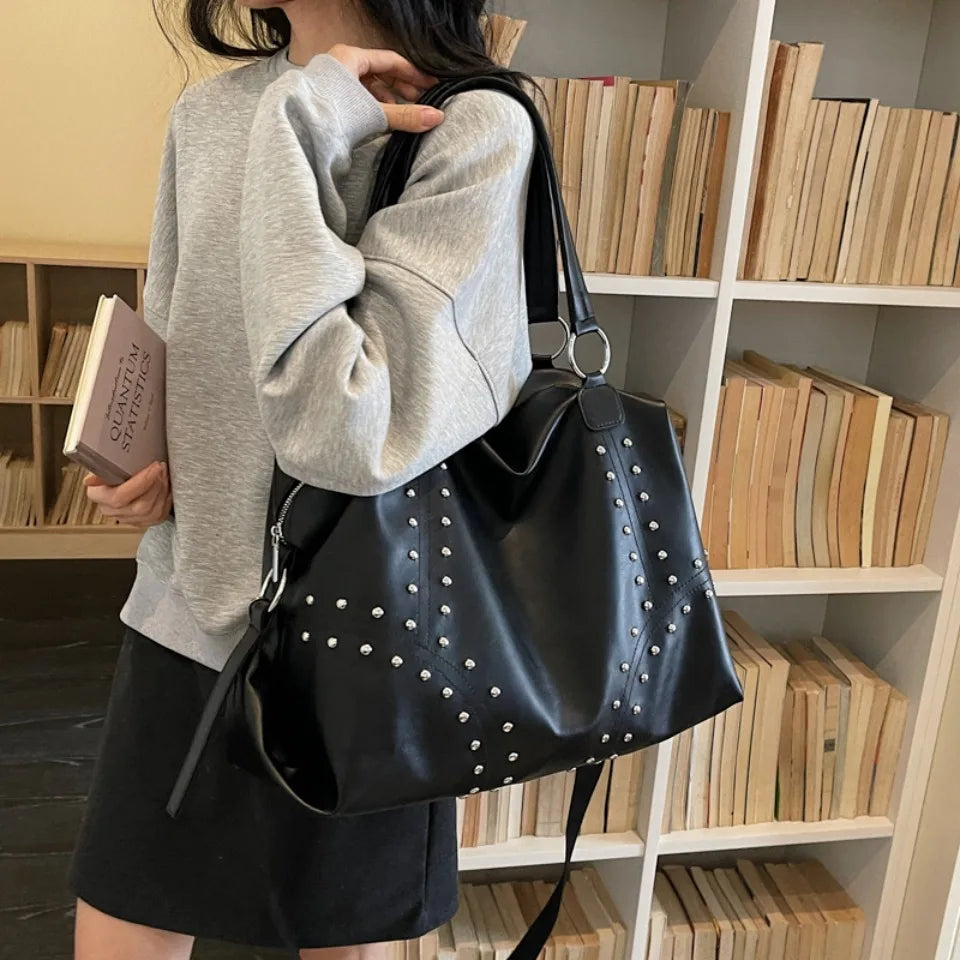Rivet PU Leather Women's Shoulder Bag – Large Moto Tote