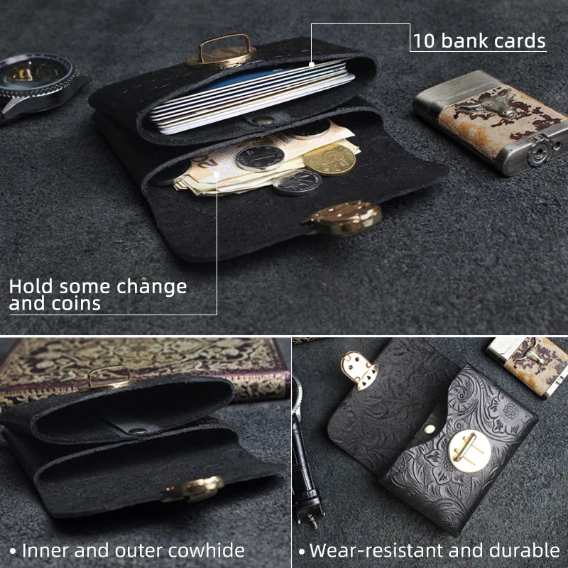 Genuine Leather Card Holder Wallet with Floral Embossing & Twist Lock