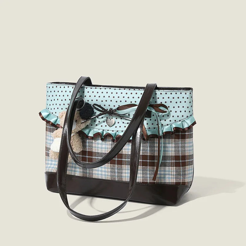 Mint Green Patchwork Bow Handbag – Plaid Canvas Tote Bag