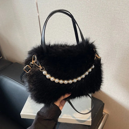 Fluffy Plush Crossbody Bag with Pearl Chain Handle