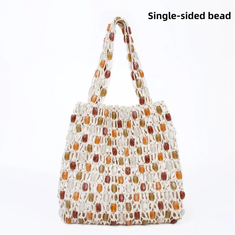 Bohemian Woven Handbag — Beaded Tote with Wooden Handle