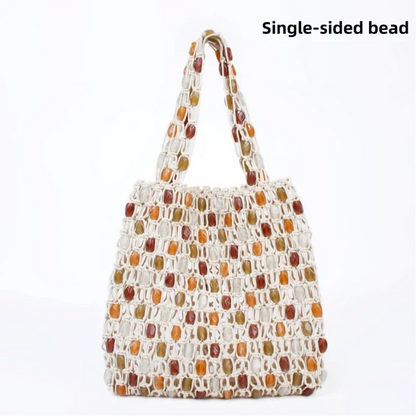 Bohemian Woven Handbag — Beaded Tote with Wooden Handle