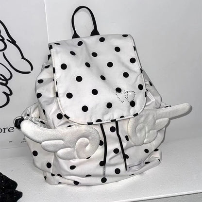 Y2K Polka Dot Backpack - 3D Angel Wings Kawaii Drawstring Bag for Girls