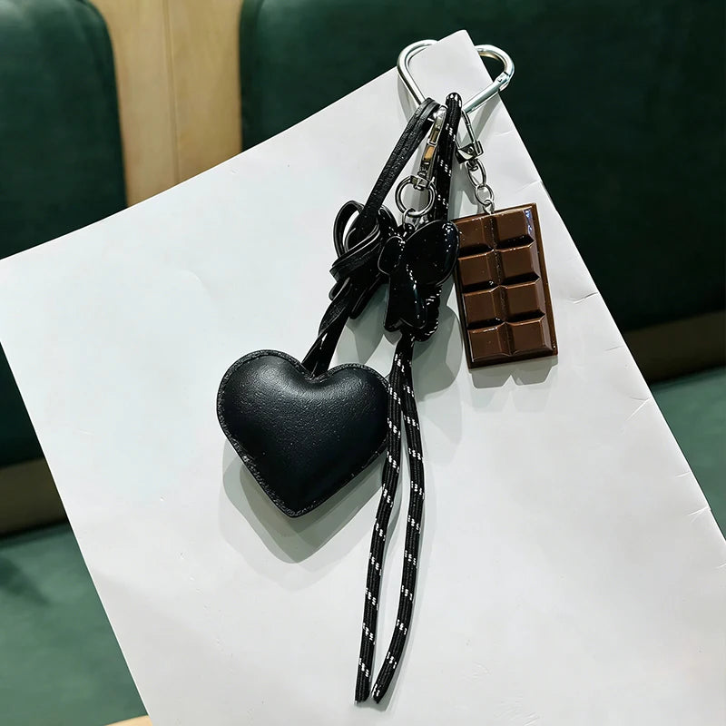 PU Leather Heart & Bow Keychain with Woven Rope Tassel