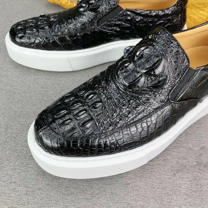 Crocodile Leather Men's Slip-On Loafers – Black Casual Flat Shoes