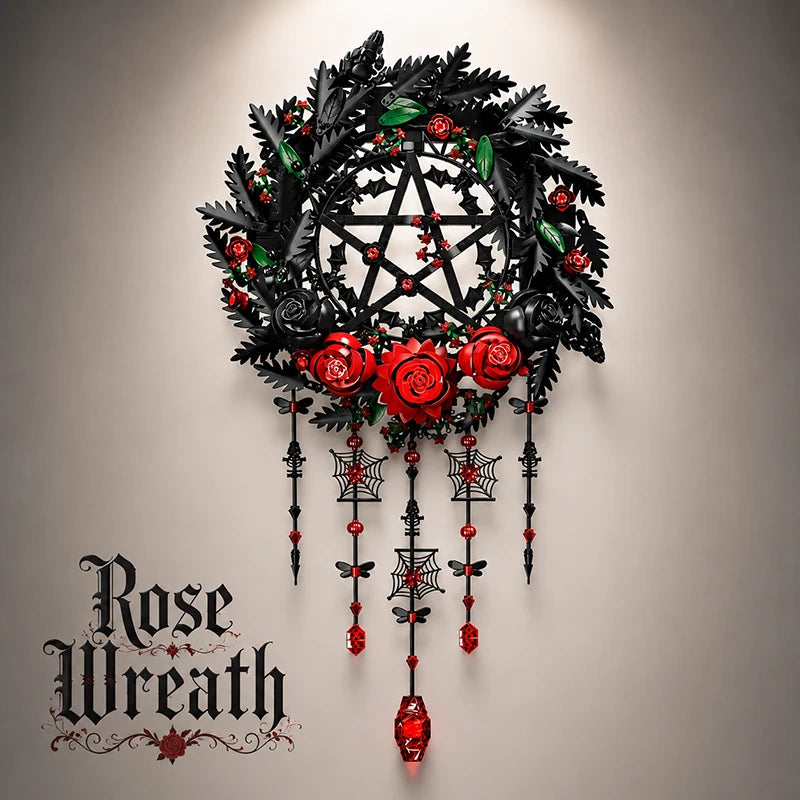 Gothic Black Rose Wreath MOC Building Blocks – 1300pcs Botanical Wall Decor