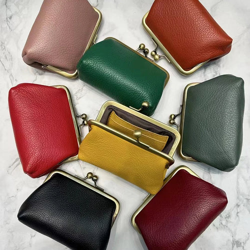 Genuine Leather Kiss Lock Coin Purse for Women