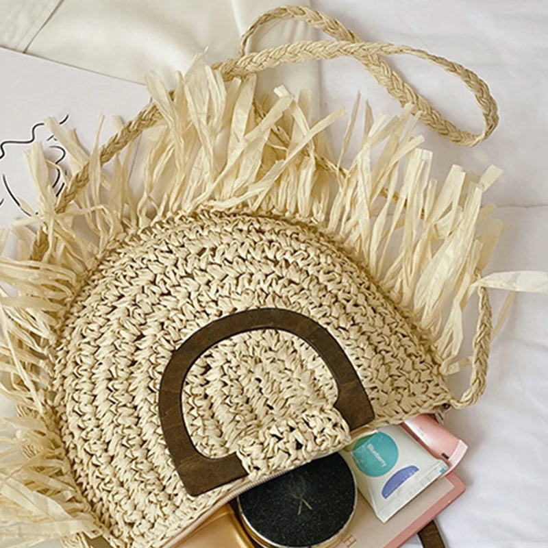 Tassel Straw Crossbody Bag for Women – Handwoven Semicircle Beach Handbag