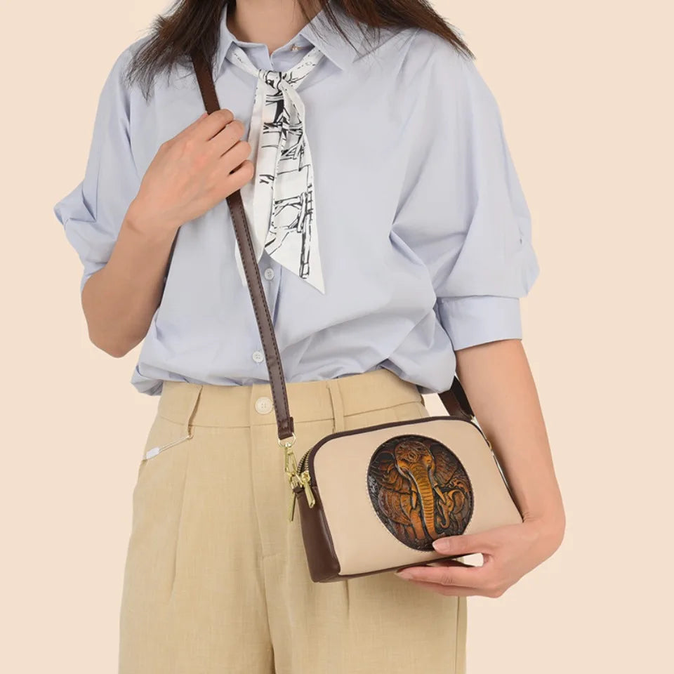 Vintage Elephant Embossed Leather Crossbody Bag for Women – Retro Messenger