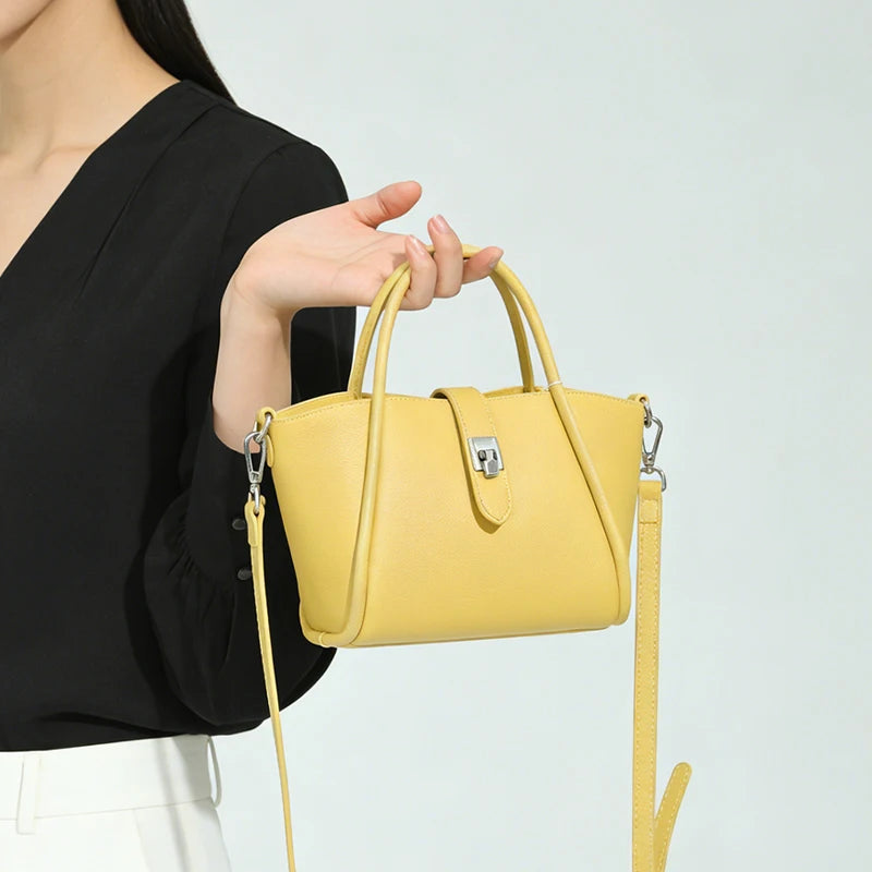 Genuine Leather Mini Tote Bag for Women – Cowhide Shoulder Handbag with Lock Closure