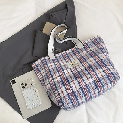 Color Block Plaid Weave Tote Bag Large Capacity Durable Shoulder Multifunctional Woven Mom