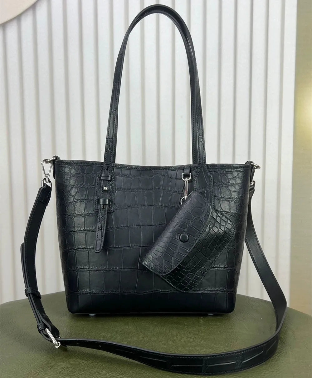 Crocodile Embossed Tote Bag – Women's Large Capacity Shoulder Bag with Mini Purse