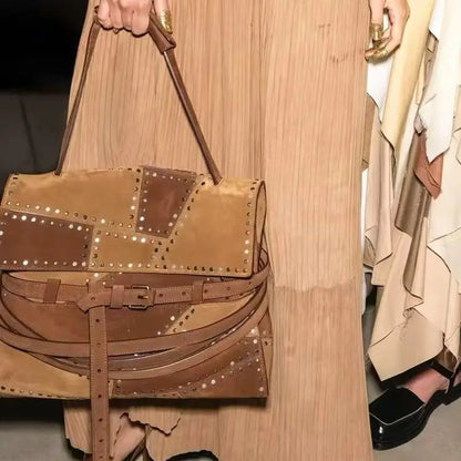 England Style Faux Suede Bags Women Luxury Designer Handbags Purses Vintage Belt Buckle Top Handle