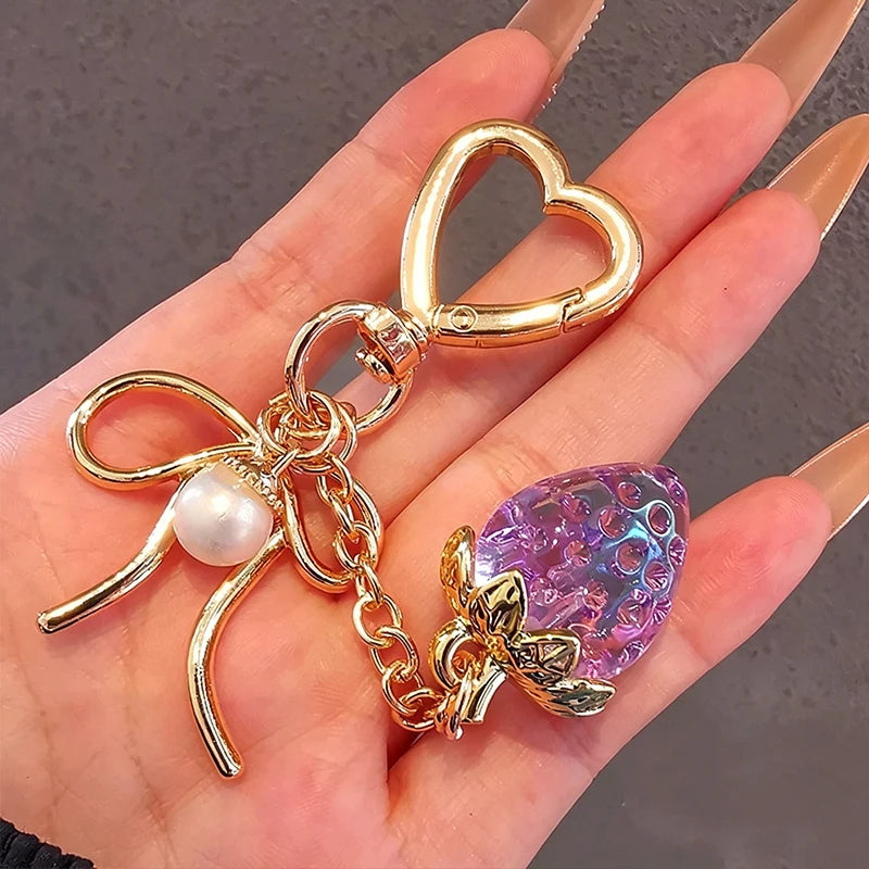Crystal Strawberry Keychain with Bow & Heart Charm