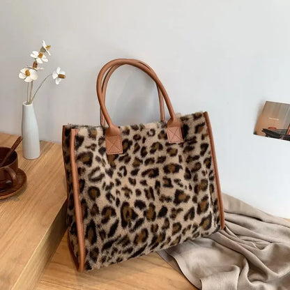 Fluffy Cow Print Tote Bag – Women's Plush Furry Handbag for Winter