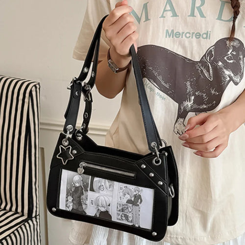 Y2K Ita Bag - Star Rivet Transparent Window Shoulder Bag for Women