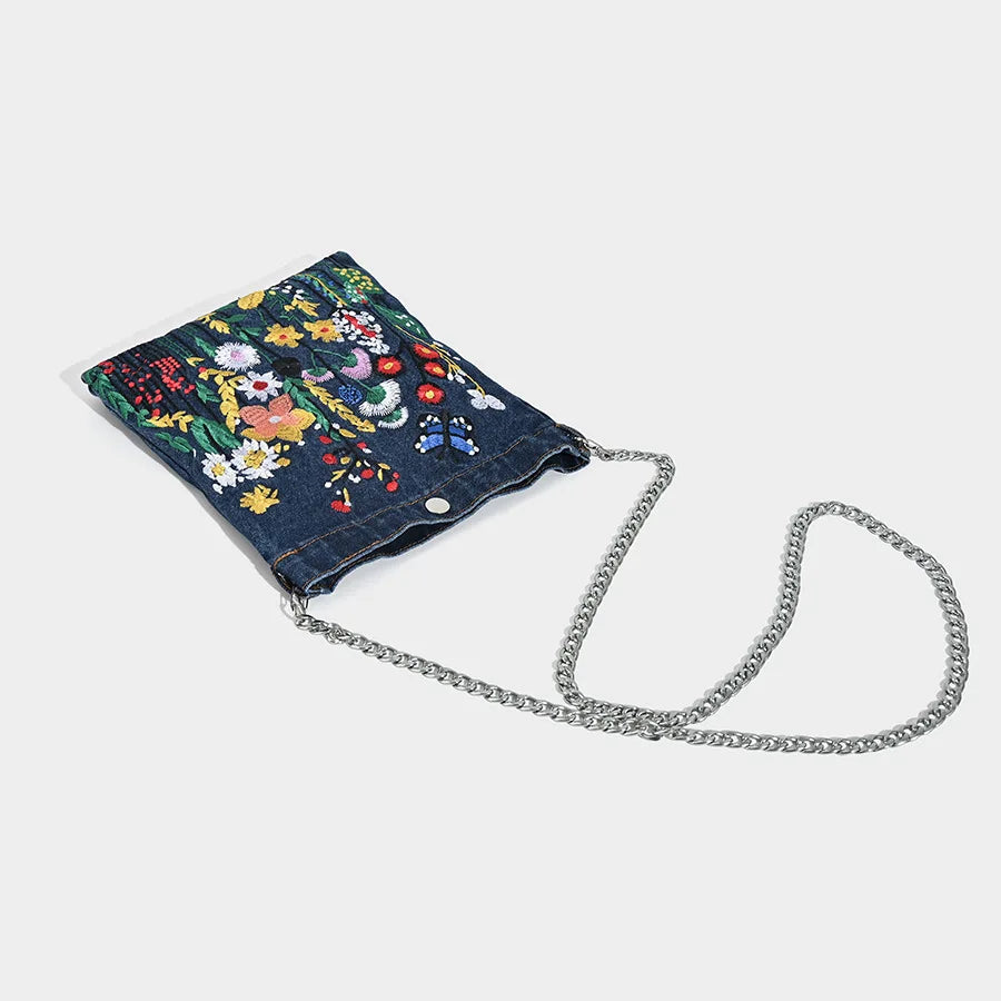 Embroidered Denim Shoulder Bag – Floral Chain Crossbody for Women