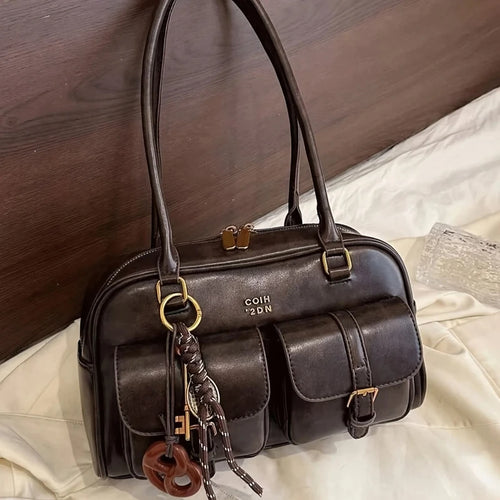 Retro PU Leather Shoulder Bag – Women's Multi-Pocket Large Capacity Satchel