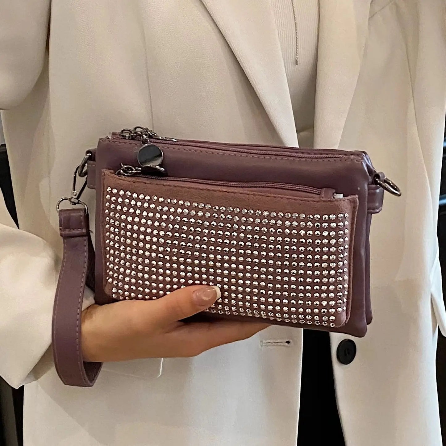 Rhinestone Rivet Clutch Bag for Women – Wristlet Crossbody
