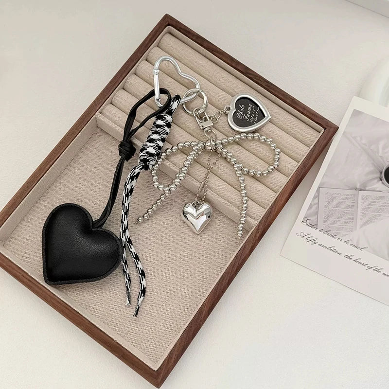 Heart Bow Keychain with Beaded Chain & Leather Pendant