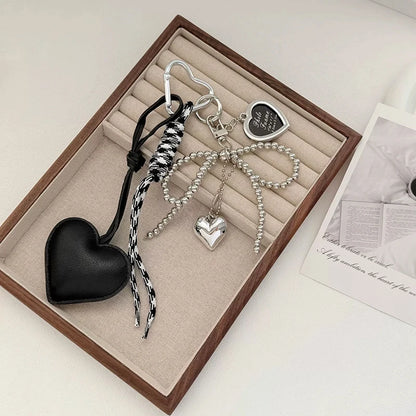 Heart Bow Keychain with Beaded Chain & Leather Pendant