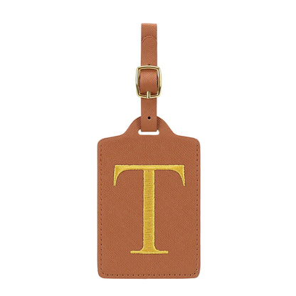 Personalized Initial Luggage Tag – Brown PU Leather Monogram Suitcase Label