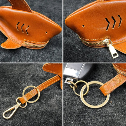 Leather Shark Key Pouch – Novelty Zip Coin Purse with Keychain