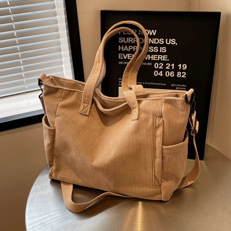 Corduroy Tote Bag for Women – Multi-Pocket Crossbody Shoulder Bag