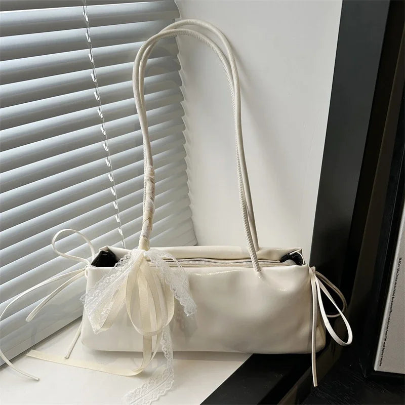 Ballet Style Bow Shoulder Bag – Elegant PU Leather Square Handbag
