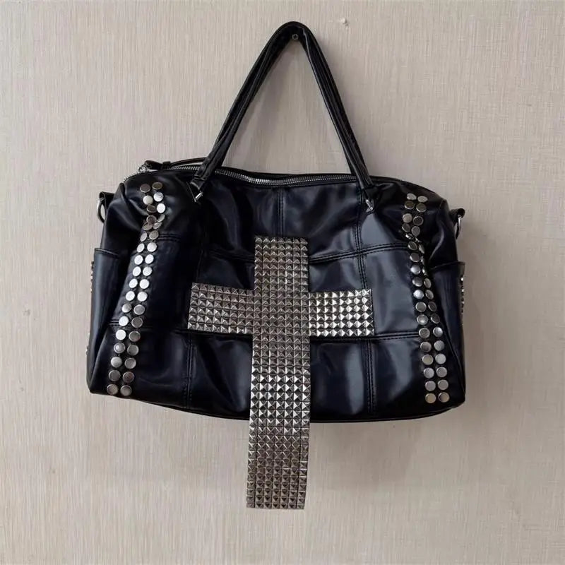 Punk Rivet Handbag Women Gothic Large Capacity Shoulder Bag Vintage Pu Leather Travel Tote Y2k