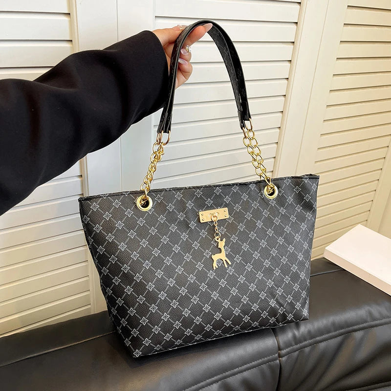 Large Capacity Women's Tote Bag with Gold Chain Strap & Print