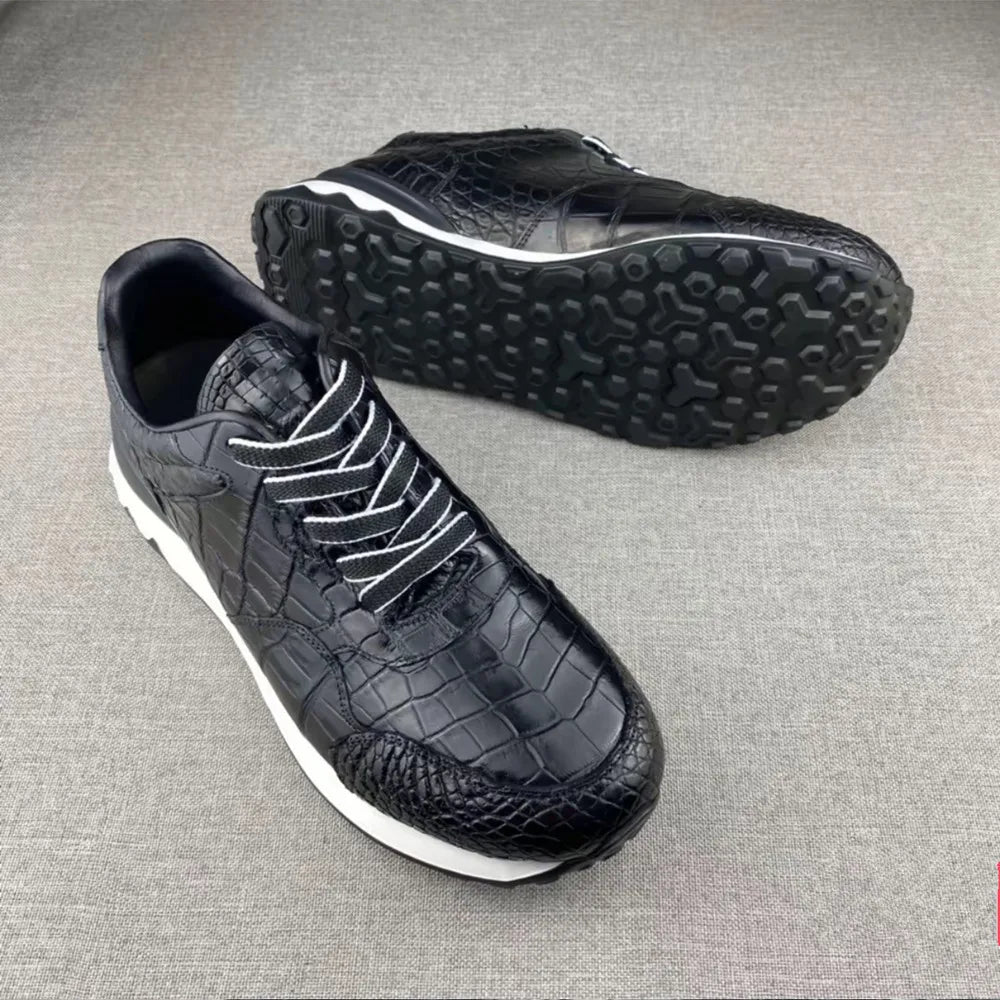 Crocodile Leather Men's Soft-Sole Sneakers – Genuine Lace-Up Flat Casual Shoes