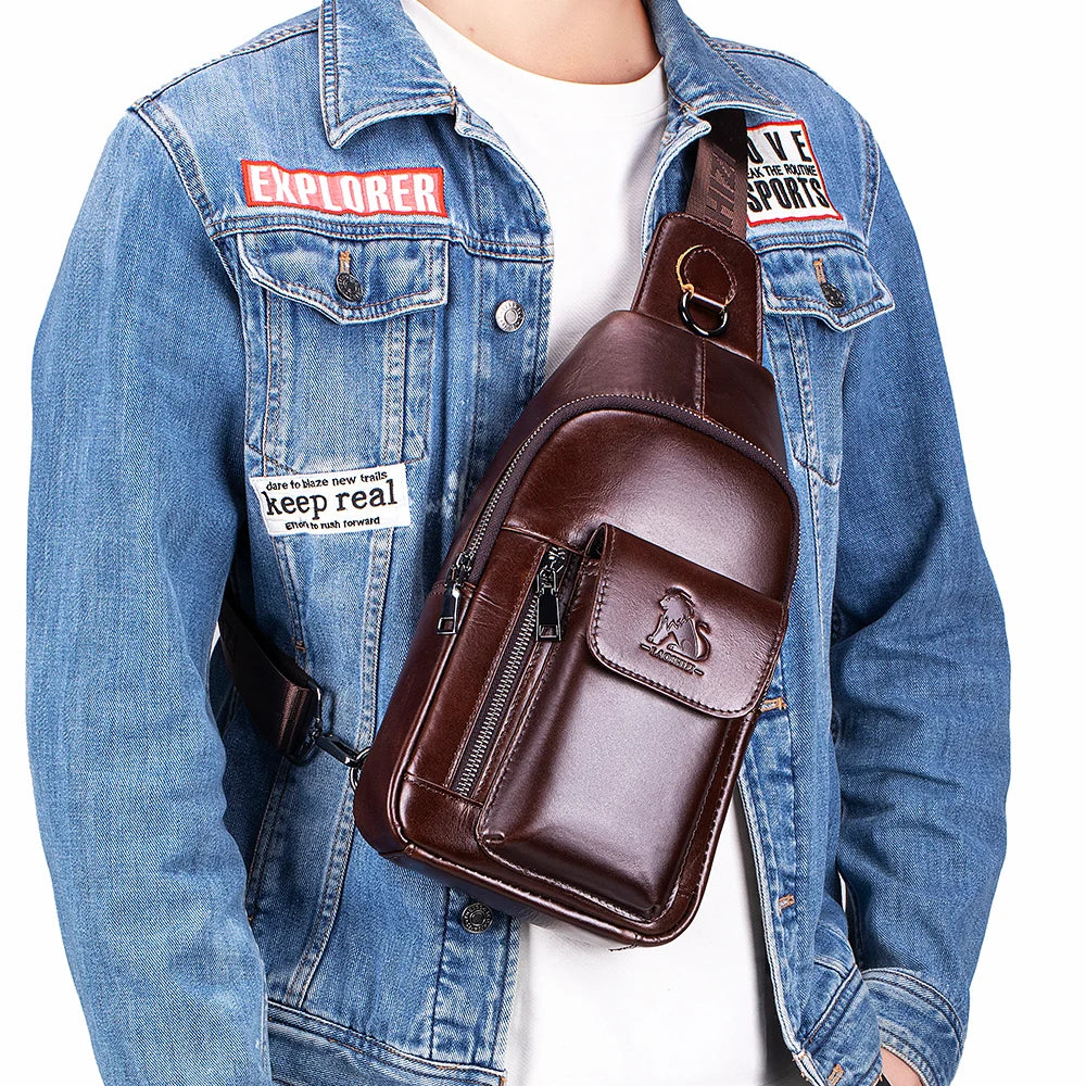 Leather Sling Bag for Men - Genuine Cowhide Crossbody Chest Bag
