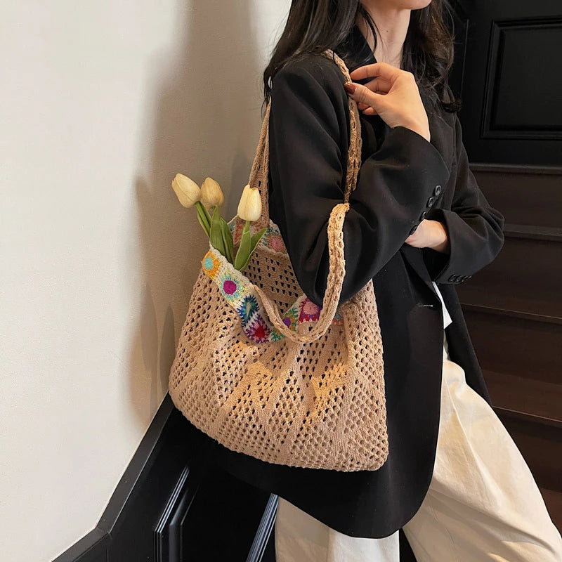 Bohemian Crochet Beach Tote Bag with Colorful Floral Trim