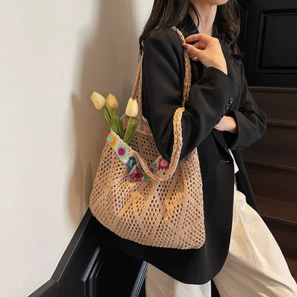 Bohemian Crochet Beach Tote Bag with Colorful Floral Trim
