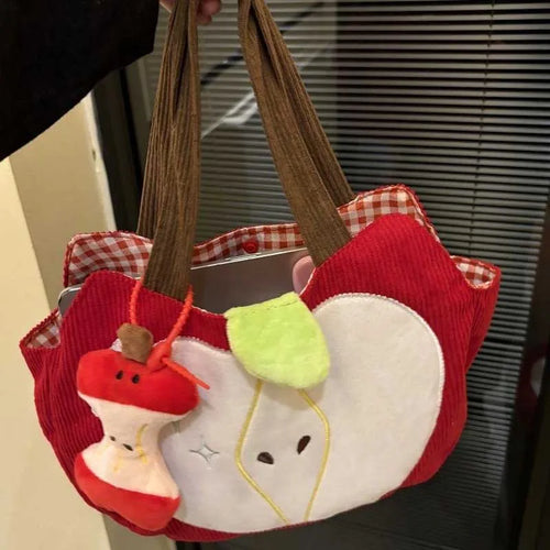 Cute Apple Corduroy Shoulder Bag – Creative Canvas Tote for Women