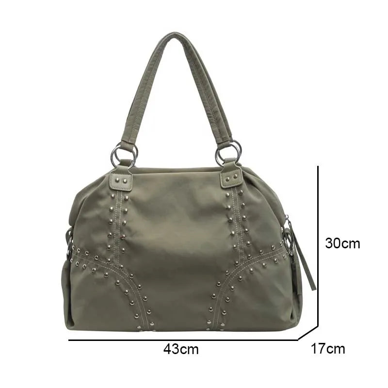 Women's Nylon Rivet Tote Bag – Large Shoulder Commuter Handbag